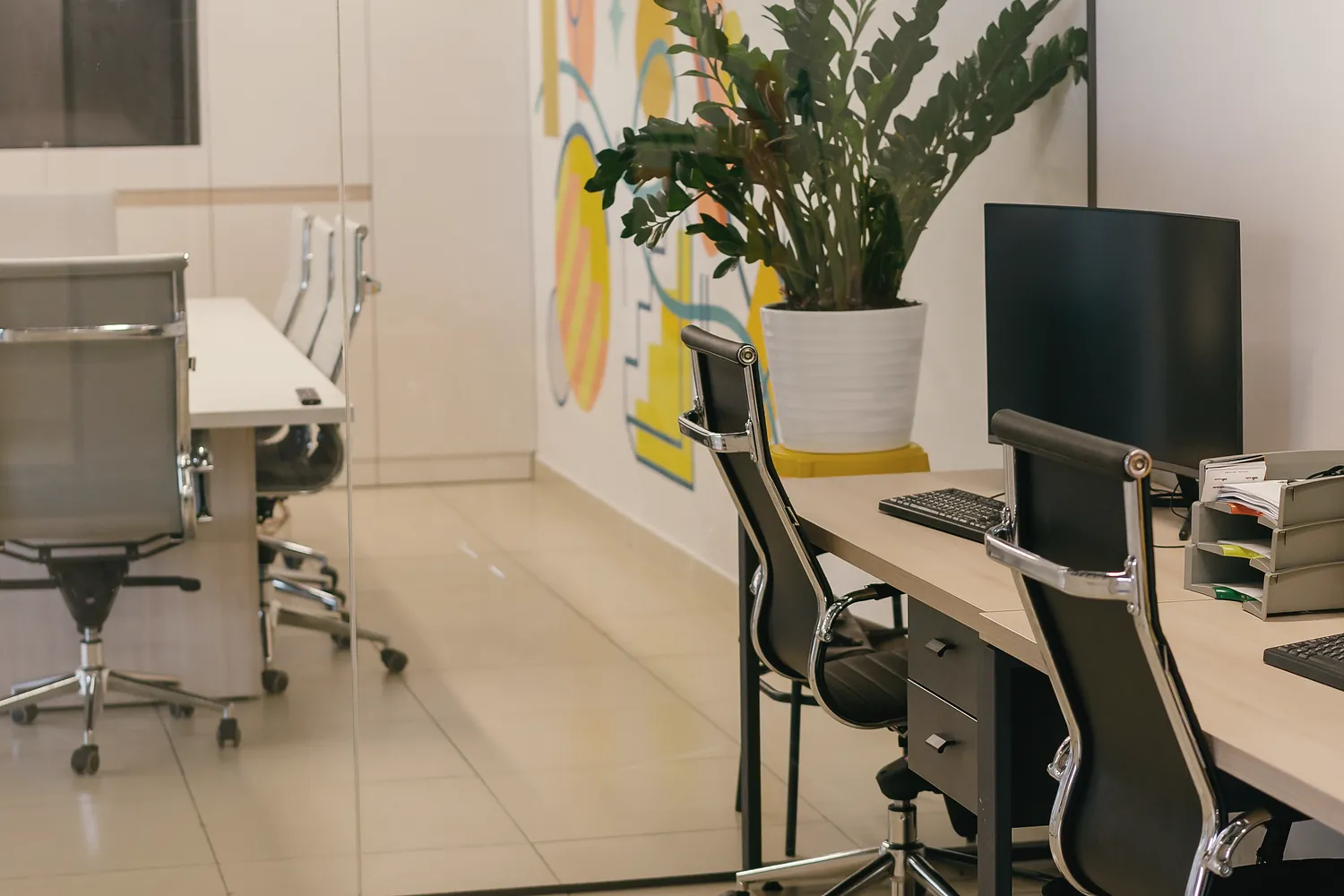 Bright office workspace with desks, a monitor and plants, set up for day-to-day finance work